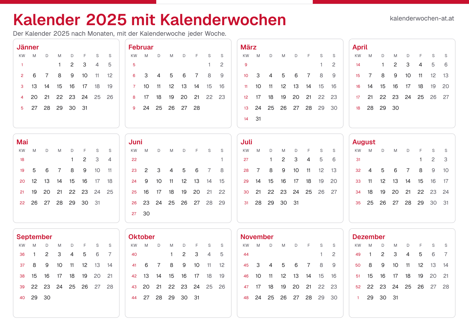 Kalender 2025 mit Kalenderwochen