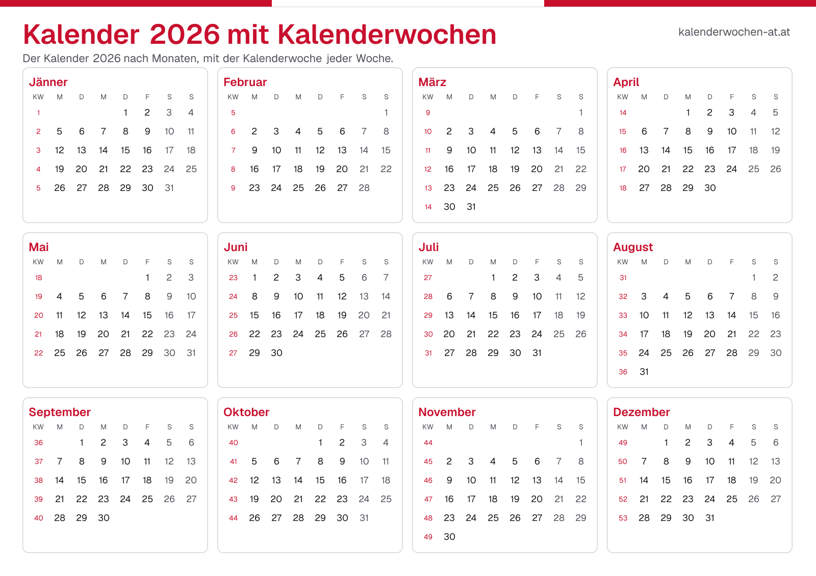 Kalender 2026 mit Kalenderwochen