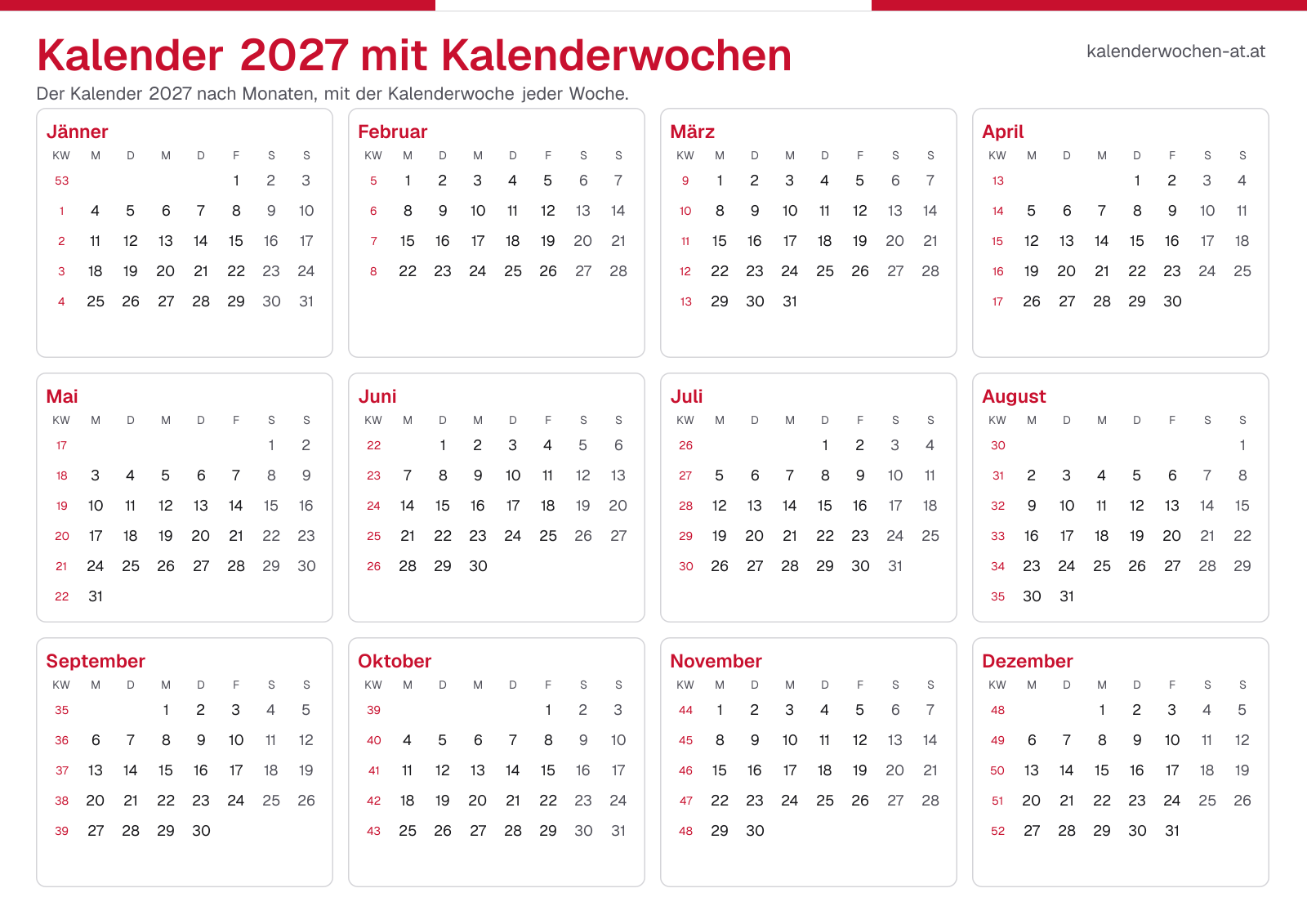 Kalender 2027 mit Kalenderwochen