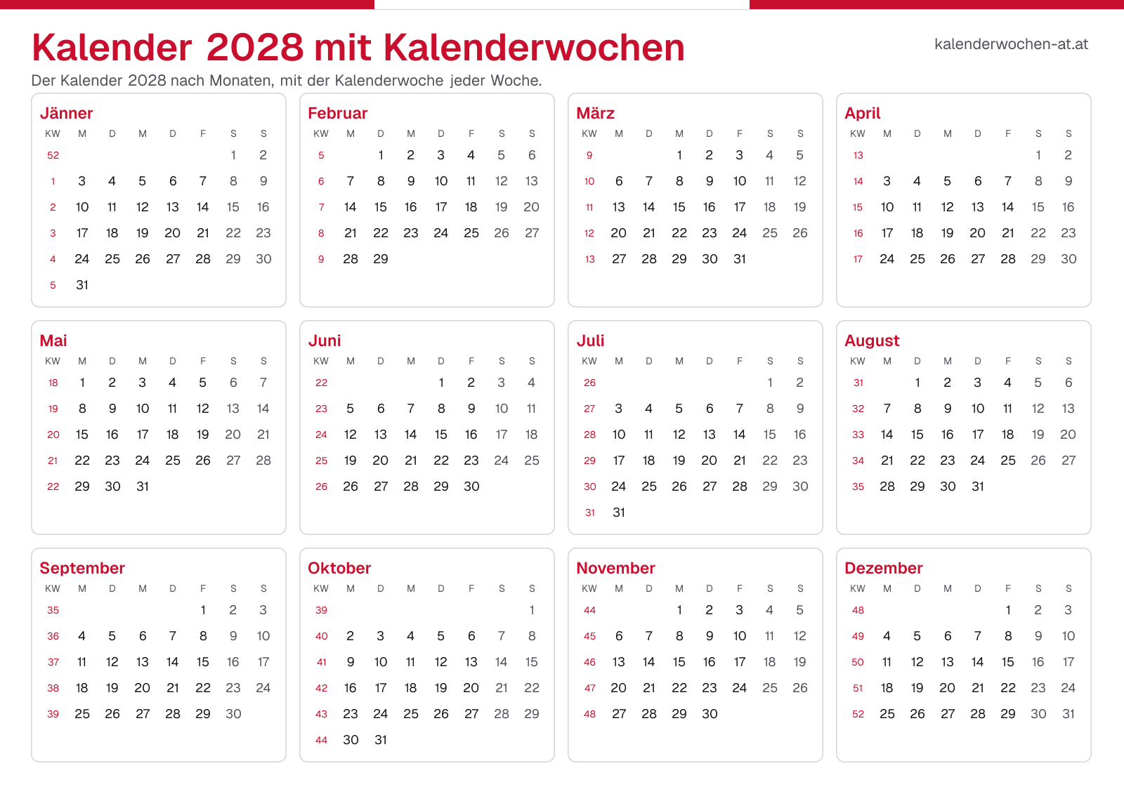 Kalender 2028 mit Kalenderwochen