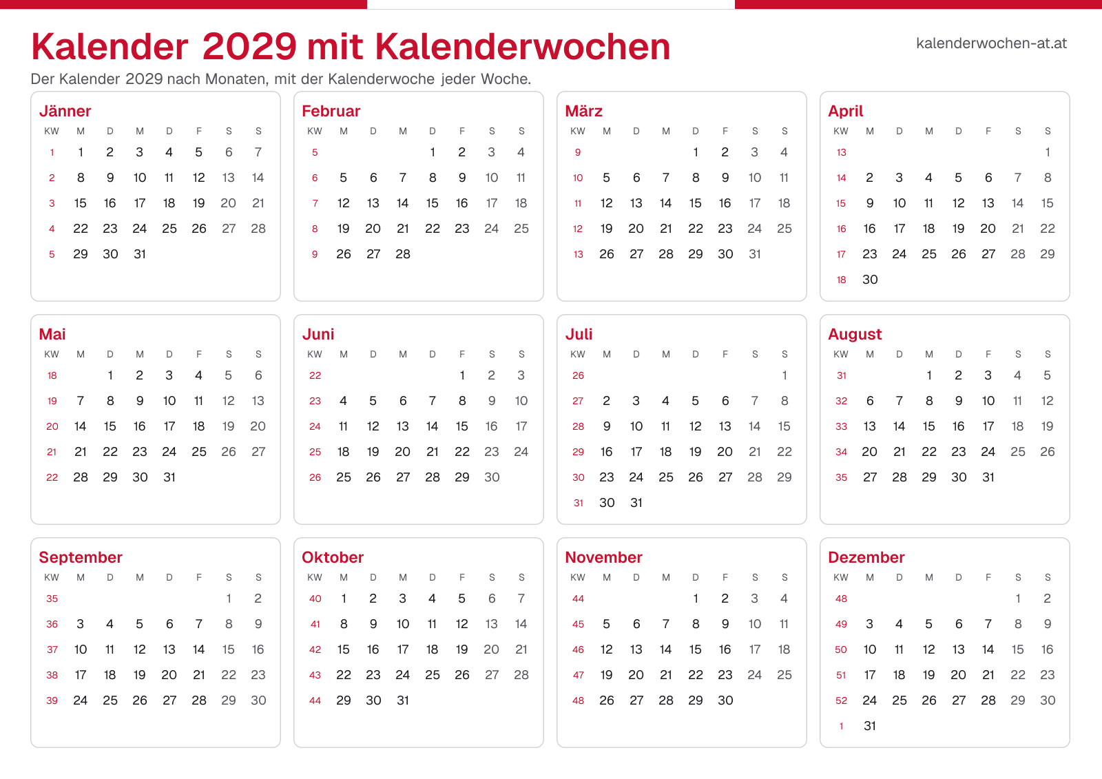 Kalender 2029 mit Kalenderwochen