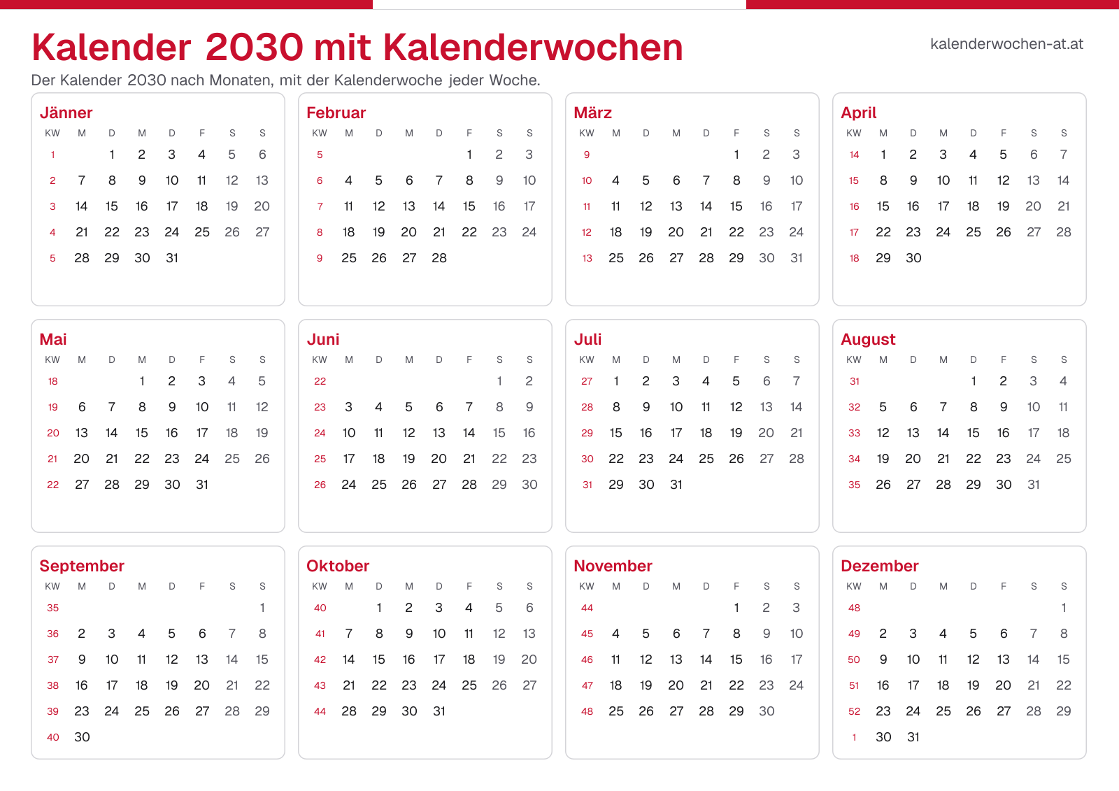 Kalender 2030 mit Kalenderwochen